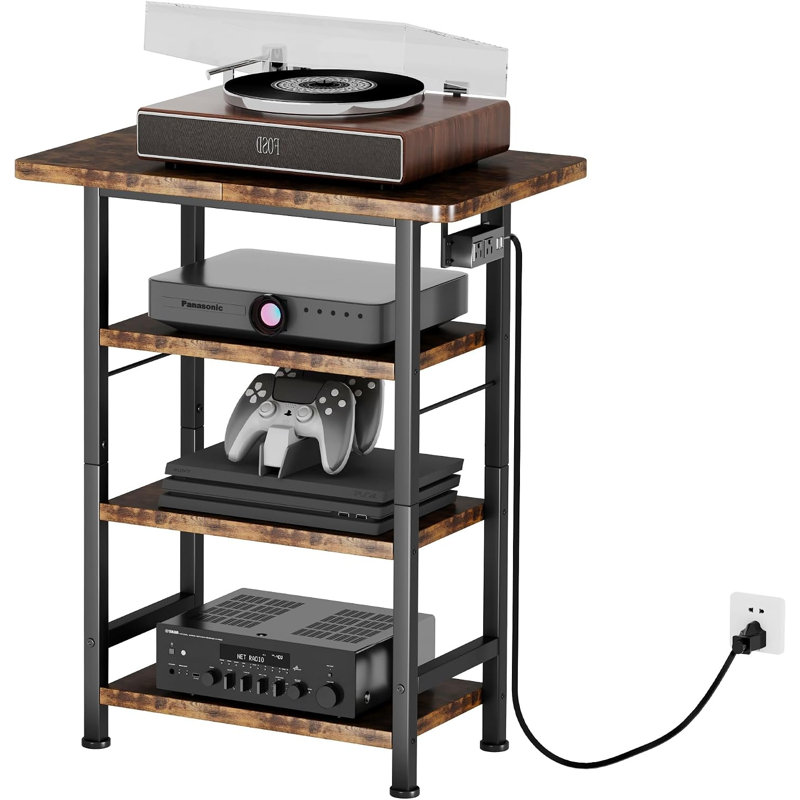 Meuble audio-vidéo à 4 niveaux avec prise de courant, support pour tourne-disque en bois, centre de divertissement avec tablettes de rangement, support DVD pour chambre à coucher, salon