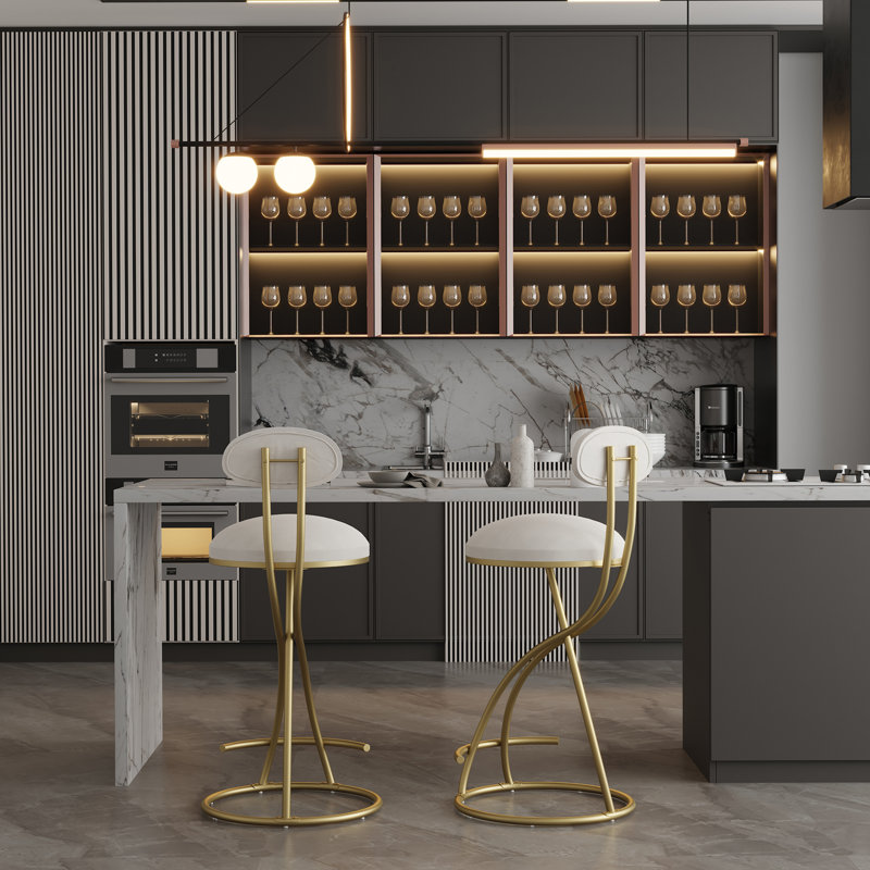 Tabouret de bar rond en velours sans accoudoirs avec dossier, ensemble de 2 chaises de comptoir rembourrées