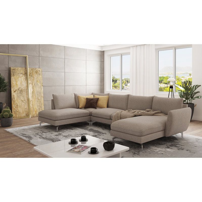 Modern U-Shape Kimo Corner Sofa with Silver Metal Legs, Dark Beige, Right Hand Facing