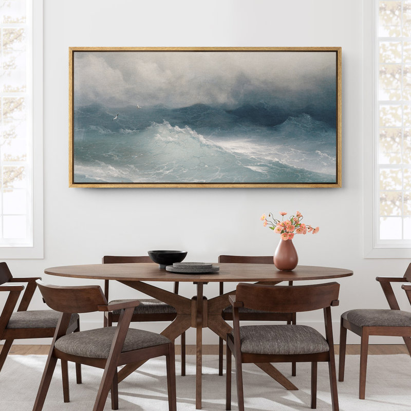 «Moody Blue Nautical Ocean Waves Coastal Extra Large», reproduction d'art sur toile encadrée, H 30 po x l 60 po, Naturel
