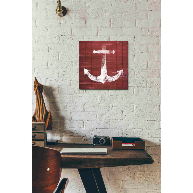 «Red and White Anchor» par Linda Woods, art mural sur toile, H 12 po x l 12 po x P 0,75 po