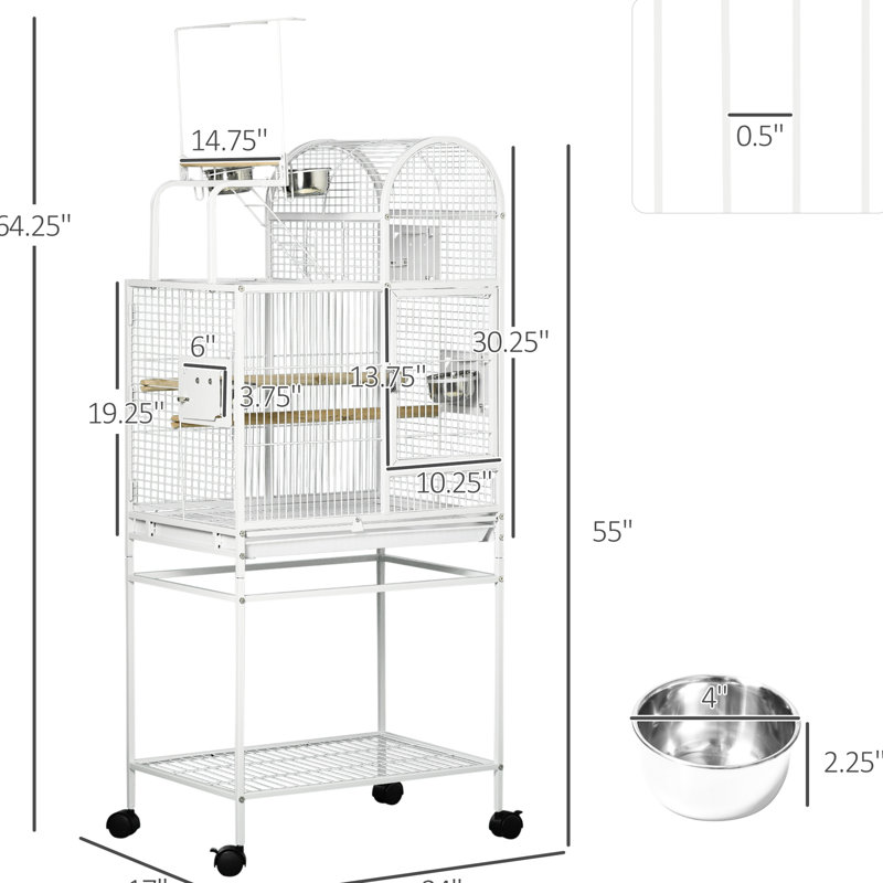 Perroquet, acier blanc, crochets, perchoirs, gobelets, support roulant pour tourtereaux, grande cage à oiseaux, perruches porteuses