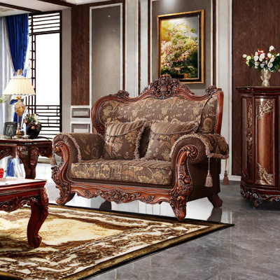 European Cloth Art Solid Wood Carved Sofa Upholstered 70.8'' Loveseat