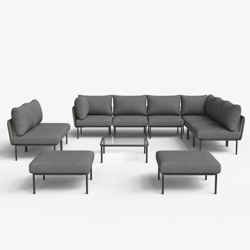 Latitude Run® 11 Pieces Aluminum Patio Furniture Set, Modern Modular Sectional Sofa with Coffee Table and Upgrade Thickness Cushion