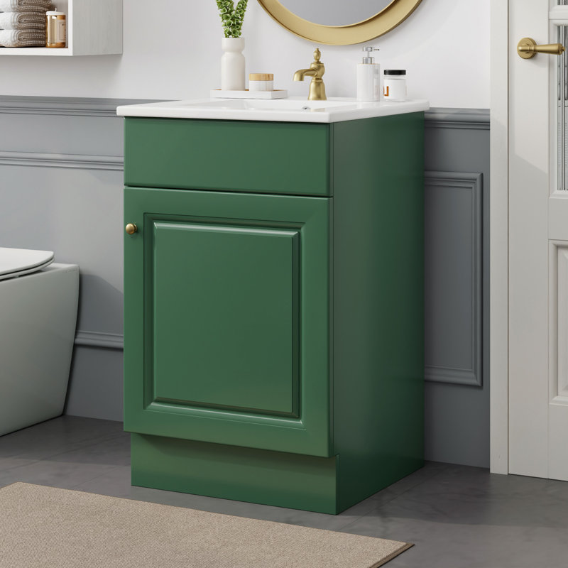 Meuble-lavabo de salle de bain avec lavabo, meuble-lavabo avec tablette de porte et tablette réglable, Vert / doré