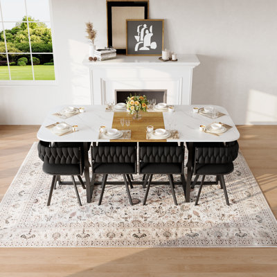 Ensemble de table de salle à manger 9 pièces rectangulaire, plateau de table fixe en faux marbre blanc et grain de bois avec 8 chaises en velours noir, ensemble de table de cuisine moderne ou 8 personnes, réunions idéales ou familiales, salle à manger