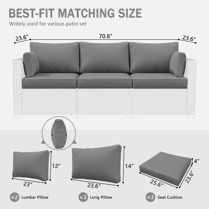 8-Piece Outdoor 4" Replacement Cushion Set Seat/Back Cushion(Set Of 3 Seats, 3 Backs, 2 Short Backs), Light Gray