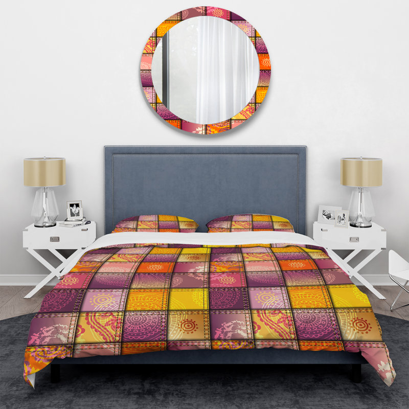 Orange Denim Patchwork Polyester Geometric Shapes Duvet Cover, Twin Duvet Cover + 1 Standard Sham