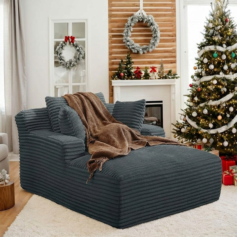 66 Inch Chaise Lounge Chair Indoor, Oversized Corduroy Sleeper Chair with Throw Pillows, Upholstered Reading Chairs Boneless Deep Seat Sleeper Couch for Living Room, Bedroom, Movie Room