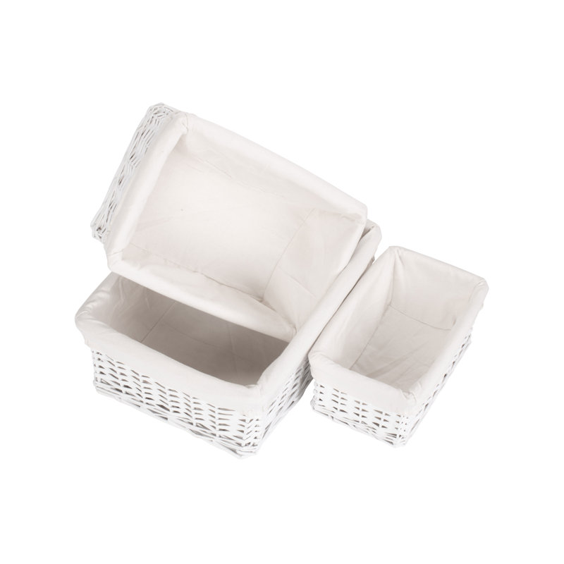 Wicker Lined Storage Basket Set 3, White