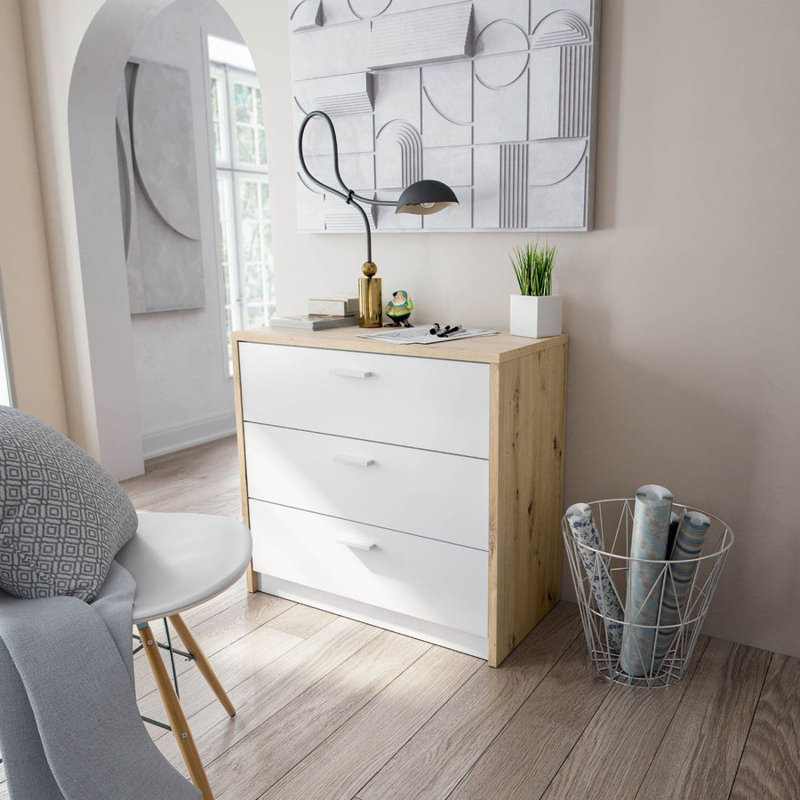 Vesta White And Oak Chest Of Drawers That Converts Into A Desk Space-saving Office Desk With 3 Drawers