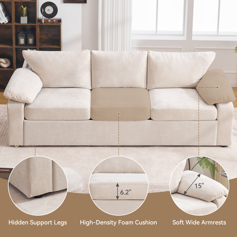 3-Seater Chenille Sofa With 6.2" Thick Cushion & Removable Armrest Pillows, Beige