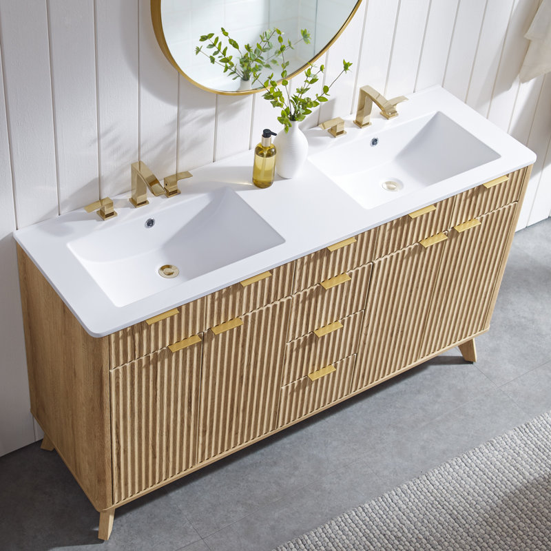 60'' Free Standing Double Bathroom Vanity With Engineered Stone Top, Soft-Close Doors, Natural Oak