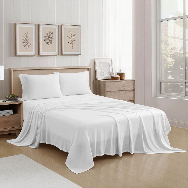 Aeropostale Cotton-Rich Heathered Jersey 4 Piece Sheet Set – Soft T-Shirt Feel, White, Queen, White