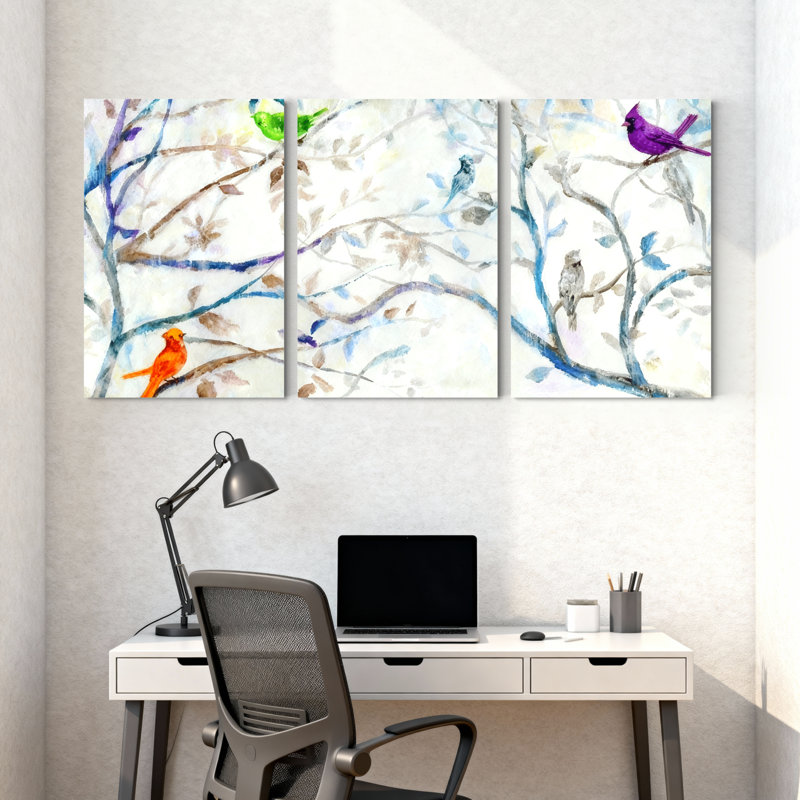 «Birds Colorful Birds On Branches», ensemble de 3 impressions sur toile, H 24 po x l 48 po