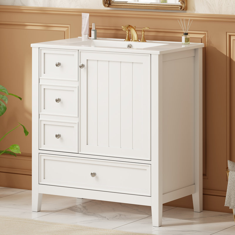  Meuble-lavabo autoportant avec rangement à 4 tiroirs 30 po avec lavabo et 30 tiroirs, blanc, White