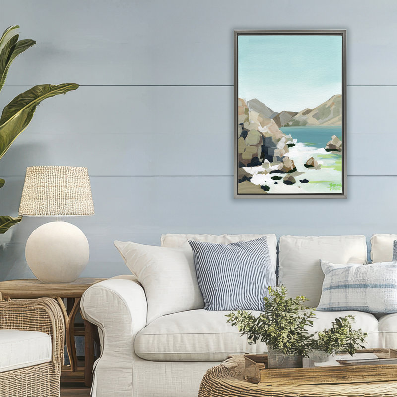 Cadre flottant Expressionist Rocky Coast, design par Brook Page, H 31 po x l 21 po, Cadre flottant gris lustré
