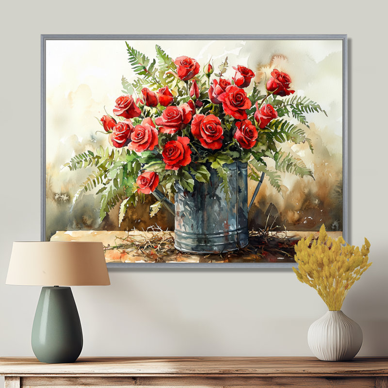 Bouquet de roses dans un vase de ferme I - Roses, art mural, H 12 po x l 20 po, Picture Framed, Argent argent