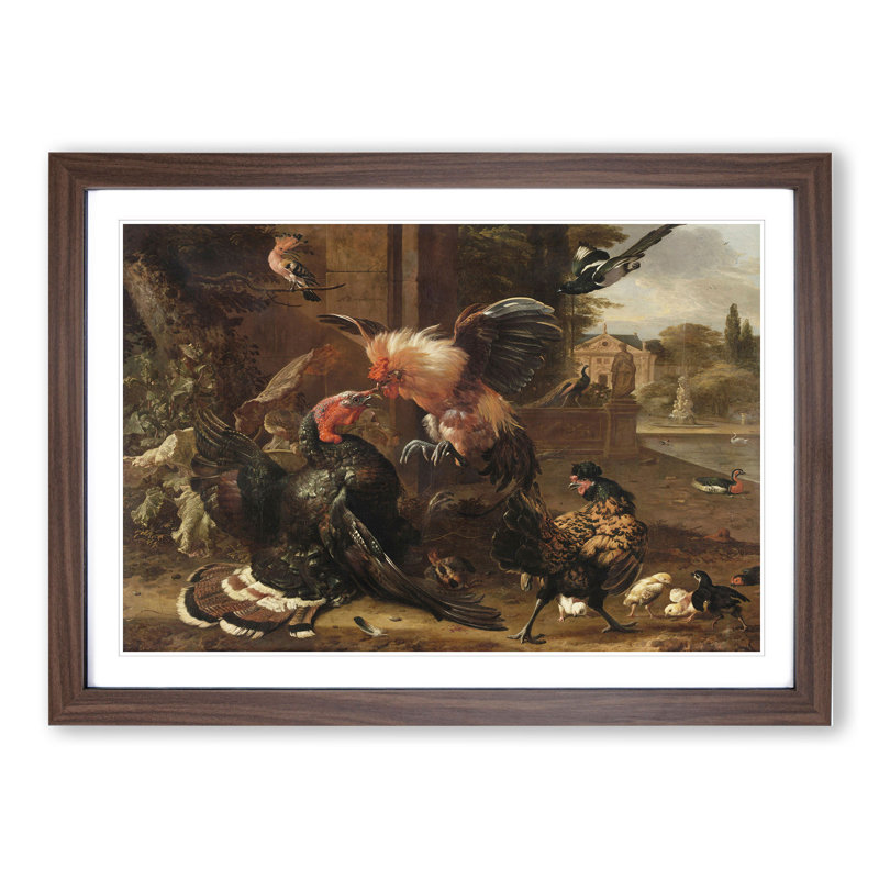 Rooster and Turkey Fighting by Melchior D'Hondecoeter - Picture Frame Painting, Walnut Framed, 27cm H x 36cm W x 2cm D