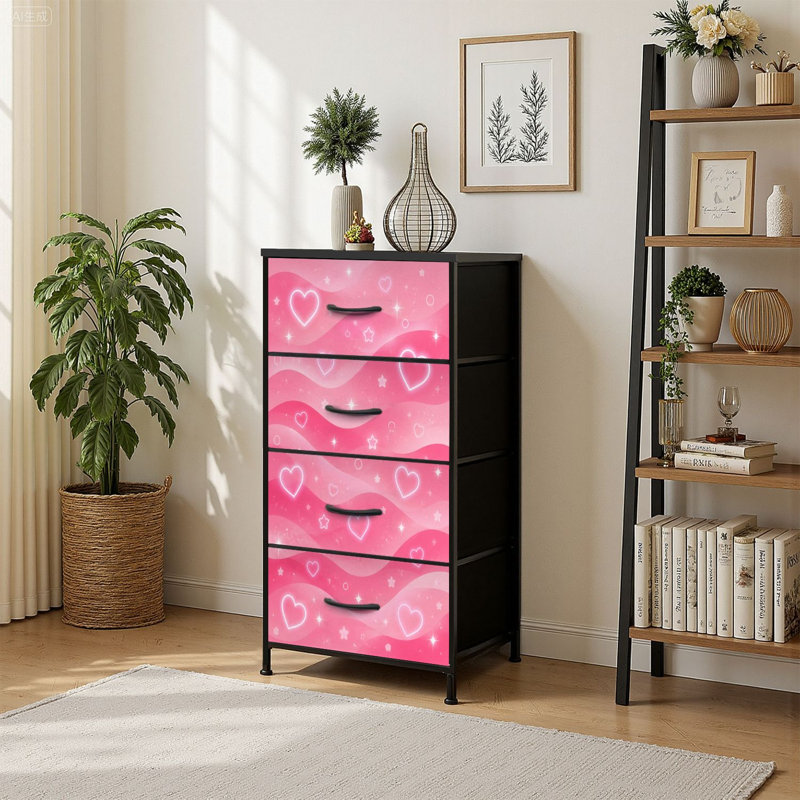 4 Drawer Vertical Storage Dresser Pink Heart Star Neon Glow Sparkling Accents with Wood Top Fabric Pull Drawers