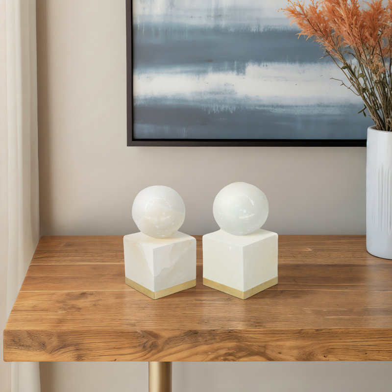 Set Of 2 6" Abella Alabaster Orb On Base