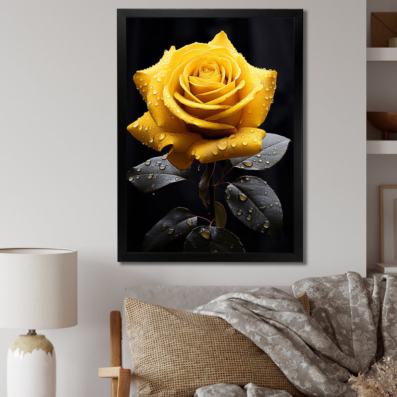 Danail, jaune, noir, rose, élégance III - fleurs, art mural, Cadre simple noir, H 44 po x l 34 po x P 1,5 po