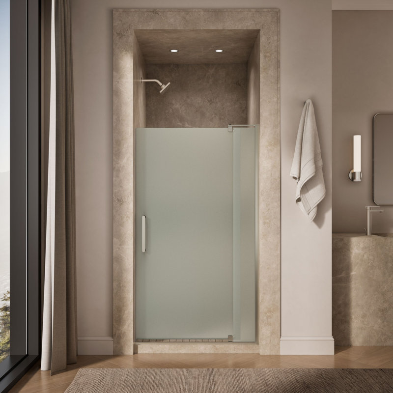 Revel 35.8'' x 70'' Pivot Shower Door with CleanCoat® Technology, Anodized Brushed Nickel, Frosted