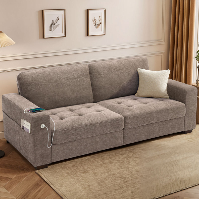 Yakina 89'' Upholstered Modern Chenille Sofa with Storage Pockets Couches and USB Charging Port, Brown