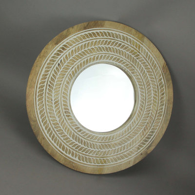 Miroir mural en bois sculpté avec cadre brun et accents blancs peints à la main, 23,5 pouces de diamètre