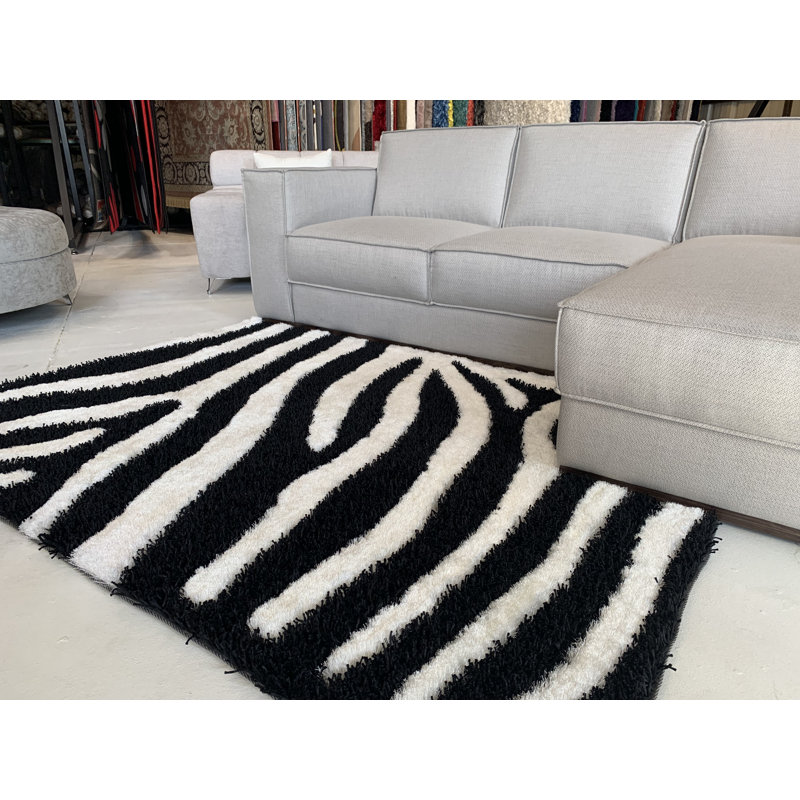Tapis noir / blanc à poils longs Kishun, Rectangle 5 pi x 7 pi