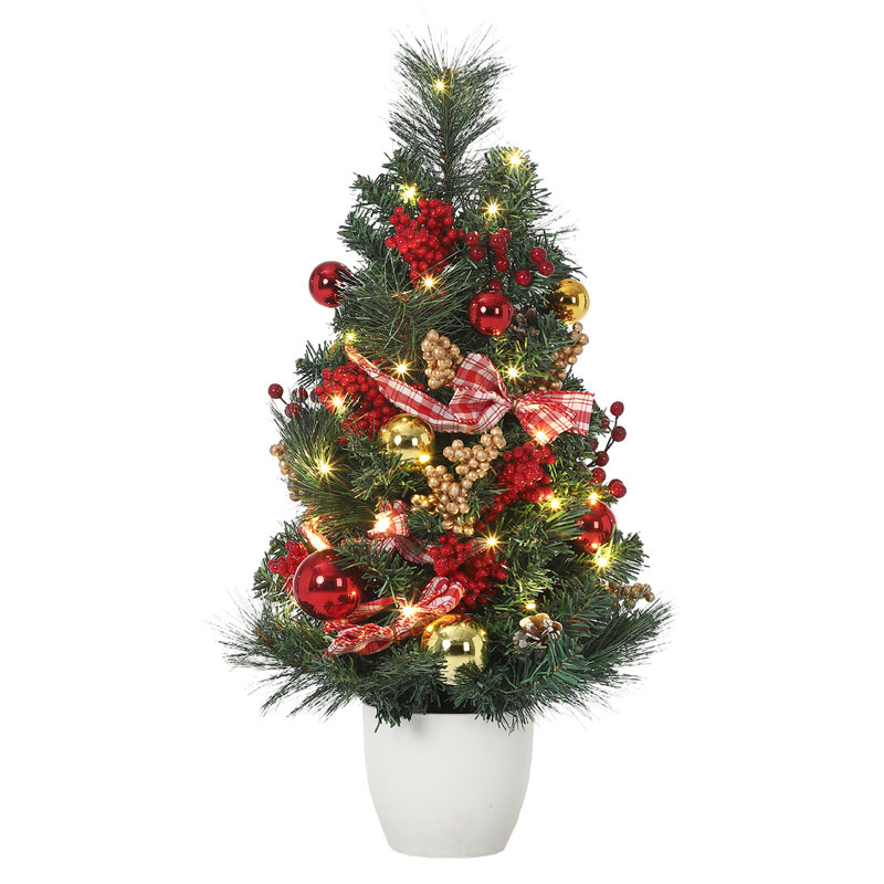 Sapin de Noël illuminé en PVC de 61 cm (24 po) avec 30 lumières DEL, minuterie à 8 fonctions, baies rouges et ruban de satin – Décoration festive de table pour bureau ou foyer – Sapin de 61 cm (24 po) avec 30 lumières à 8 fonctions et minuterie