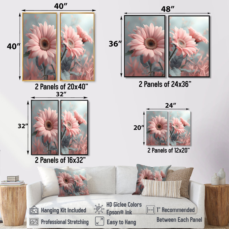 Rose et marguerites de beauté botaniques grises II - décoration murale rose 2 pièces, 20" H x 24" W, Gold