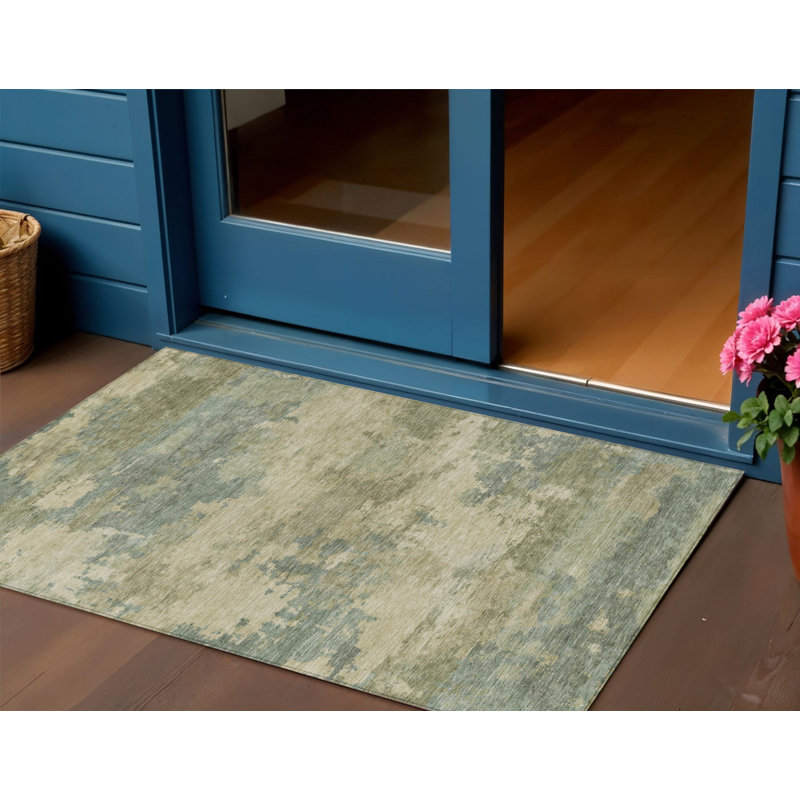 3' X 5' Pale Aqua And Khaki Abstract Washable Indoor Outdoor Area Rug