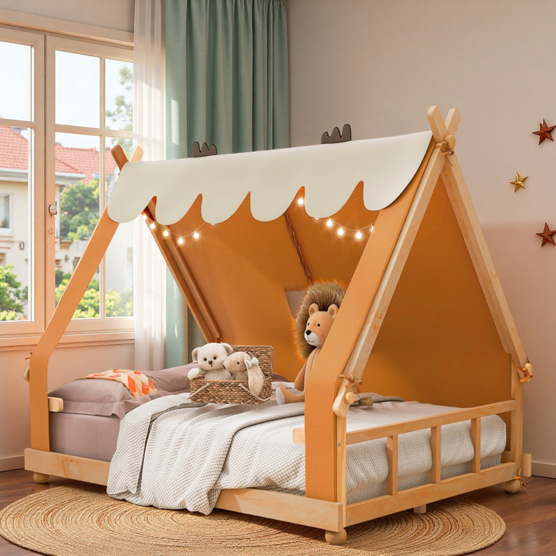 Lit maison avec tente et lumière, Double, Brun