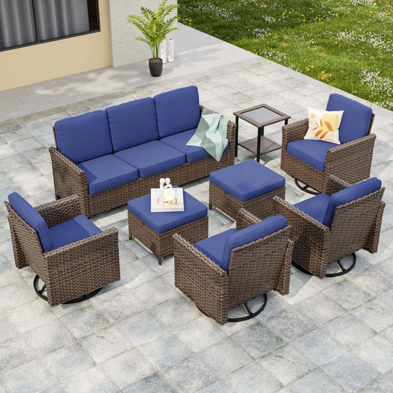 Ensemble de conversation 8 pièces pour 7 personnes avec 7 chaises en rotin et osier, Bleu