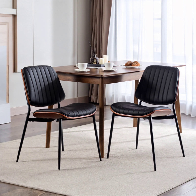 Ensemble de 2 chaises de salle à manger de style Mid-Century rétro en similicuir avec dossier en bois cintré noyer