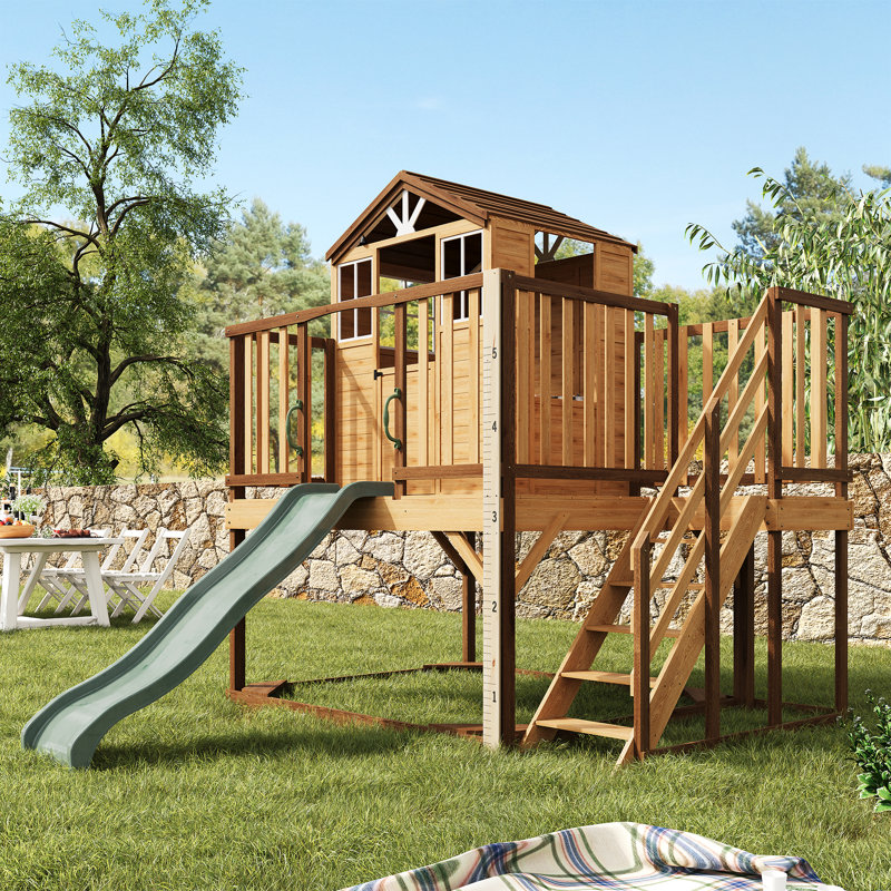 Maisonnette de jardin en bois 7 en 1 avec glissade et bac à sable pour enfants