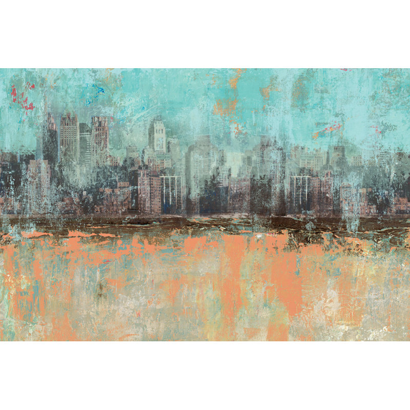 Fading Cityscape Mint Coral - Wrapped Canvas Painting, 30cm H x 46cm W x 3.8cm D