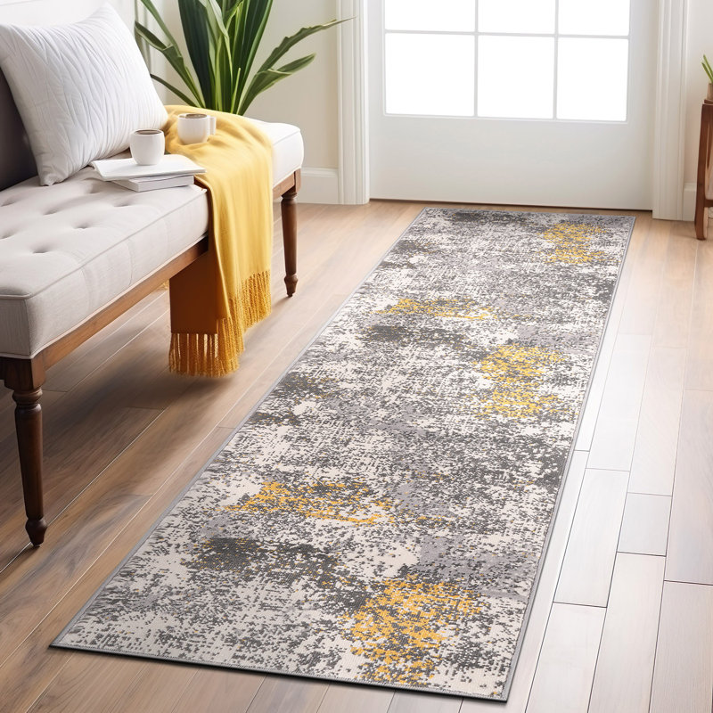 Rainiero Abstract Performance Gray/Yellow/Ivory Rug, Runner 2' x 7'