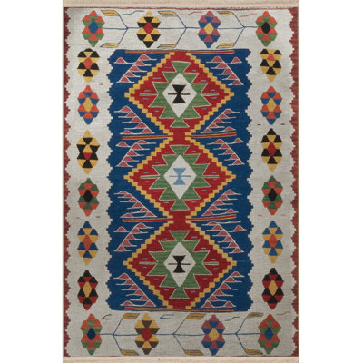Blue Themed Multicolor Traditional Motif Patterned Vintage Decorative Rug
