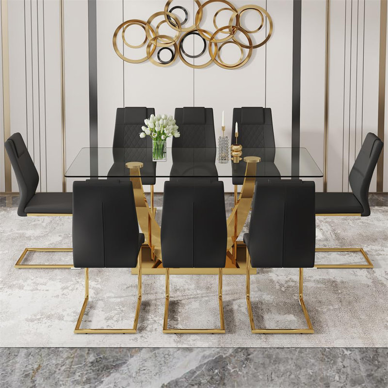 Ensemble de table de salle à manger 71 po en verre pour 8, ensemble de table et chaises de cuisine 9 pièces, pour le salon, petit espace (inclure 8 chaises noires)