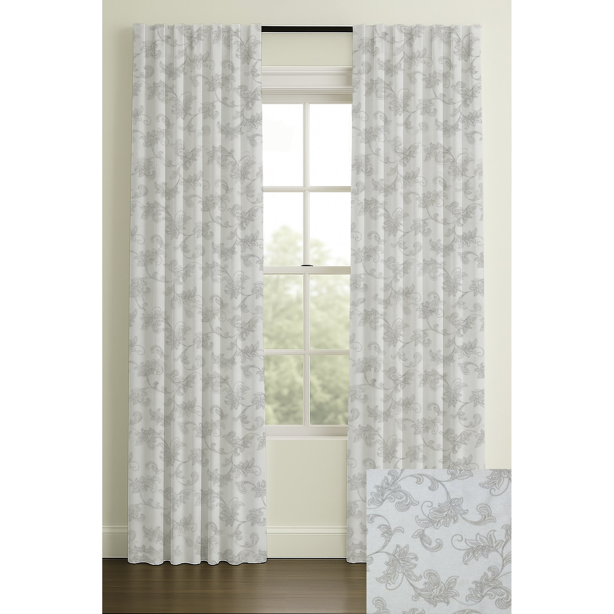 96" Rod Pocket/Back Tab Single Lining Morgan On White Linen, 33" W x 96" L, Double, Inverted Pleat
