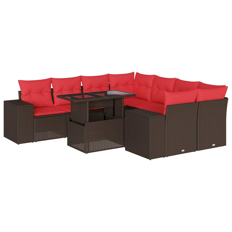 Ensemble de canapé de patio 9 pièces avec coussins en rotin de polyester, Rouge, Brun