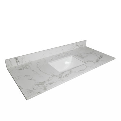 Montary 43X22 Bathroom Stone Vanity Top  Engineered Stone Carrara White Marble Color With Rectangle Undermount Ceramic Sink And  3 Faucet Hole With Ba -  Myhomekeepers, YJYX02741A