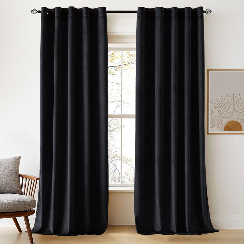 Thermal Velvet Curtains with Eyelet Ring Top - Blackout Crushed Velvet Drapes Pair, Black, 117cm Width x 137cm Drop