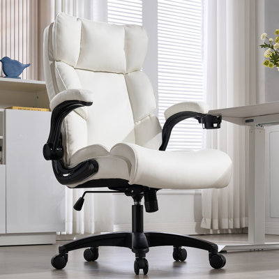 Grand et grand fauteuil de bureau Fauteuil de bureau de direction à siège large de 400 lb, fauteuil de jeu d'ordinateur à haut dossier, accoudoir rabattable, chaise d'ordinateur de soutien lombaire pour personnes lourdes (BLANC)