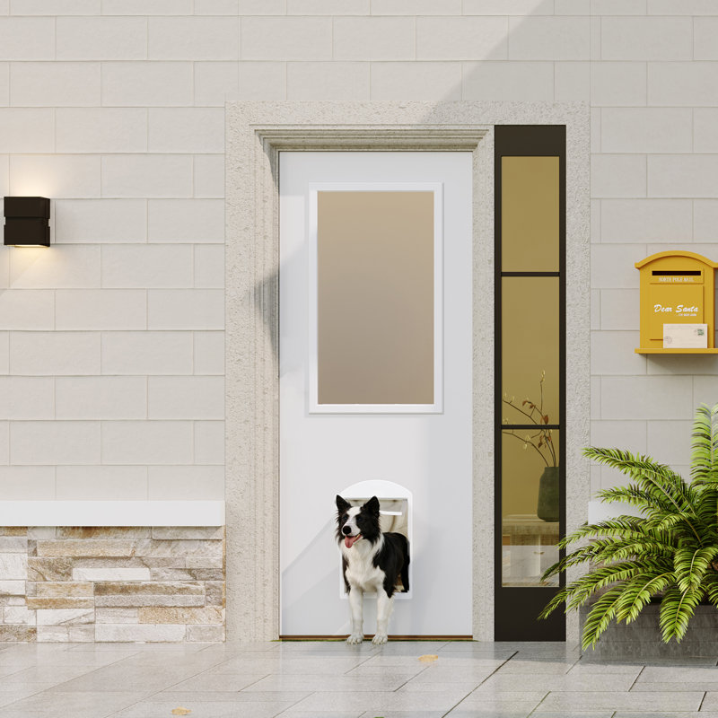 Dalle de porte d'entrée avec porte pour animal de compagnie magnétique et cadre insonorisant - verre givré 1-Lite, bois massif apprêté blanc