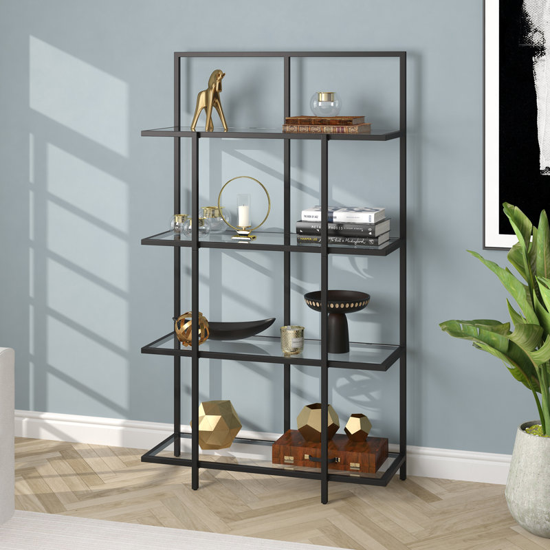 Ingels 62"H 4-Tier Metal Glass Tall Rectangular Bookcase in Blackened Bronze, Blackened Bronze