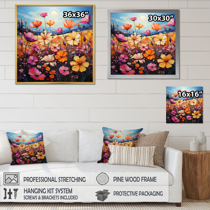 «Mauve, jaune, fleurs sauvages, symphonie», reproduction sur toile, H 36 po x l 36 po x P 1,5 po, Cadre flottant noir