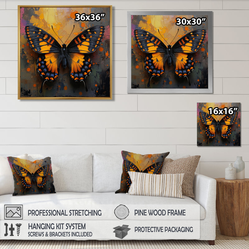 Papillon rétro noir et jaune, peinture I - papillon, art mural, salon, Toile tendue, H 36 po x l 36 po x P 1,5 po